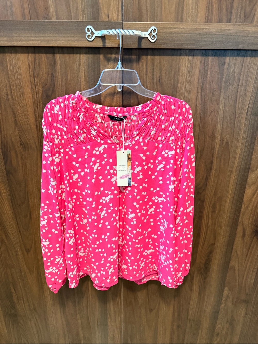 NWT Dokotoo Bright Pink Smocked-Neck Blouse, Size XL